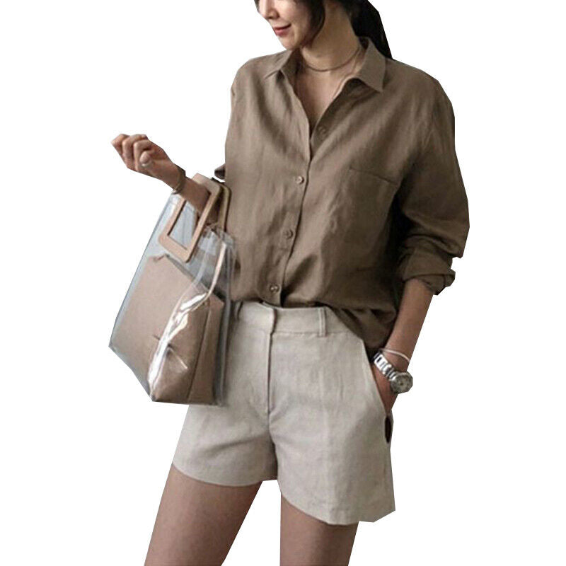 Womens V Neck Solid Linen Shirt Blouse Ladies Long Sleeve Casual Baggy Tops Tee
