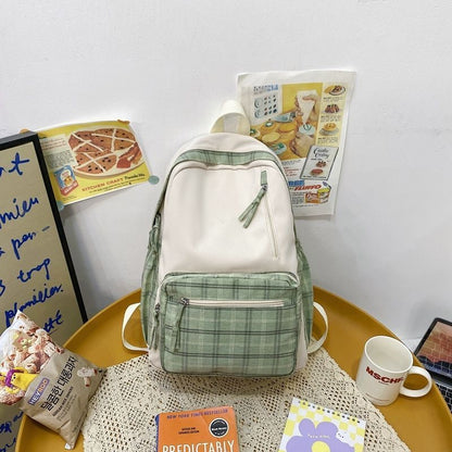 Canvas Backpacks School Small Plaid School Bookbag 26*12*37 CM Zipper Green Pink