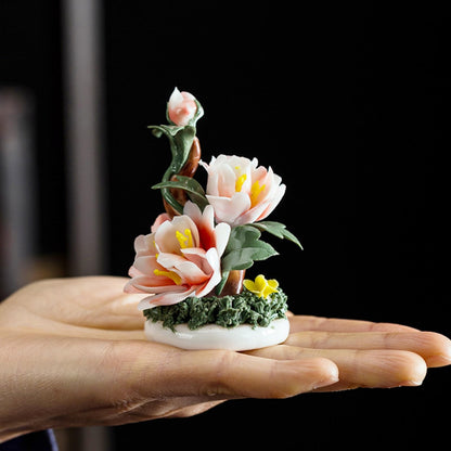 Handmade Peony Ceramic Tea Pet 8cm 3.2in Kung Fu Tea Set Tea Room Decoration