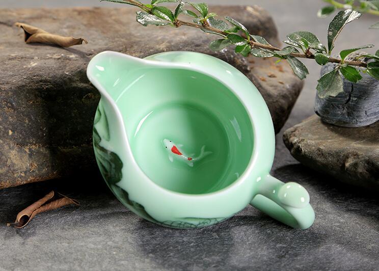 Longquan Celadon Kungfu Tea Set Handpainted Underglaze Tea Pot Fish Carved Cups