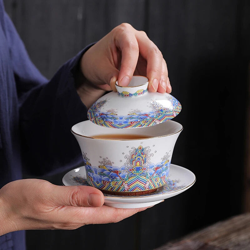 240ml Chinese Ceramic Gaiwan Enamel Sancai Gaiwan Large Single Teacup