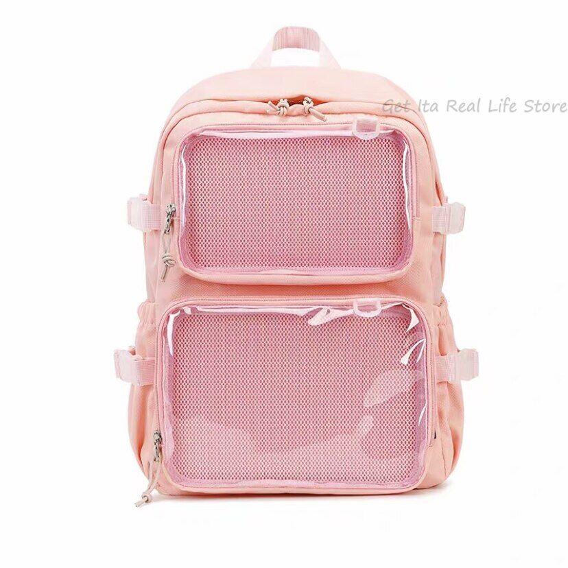 Girls Large School Pink Backpack Two Clear Pockets Display Women Big Bag