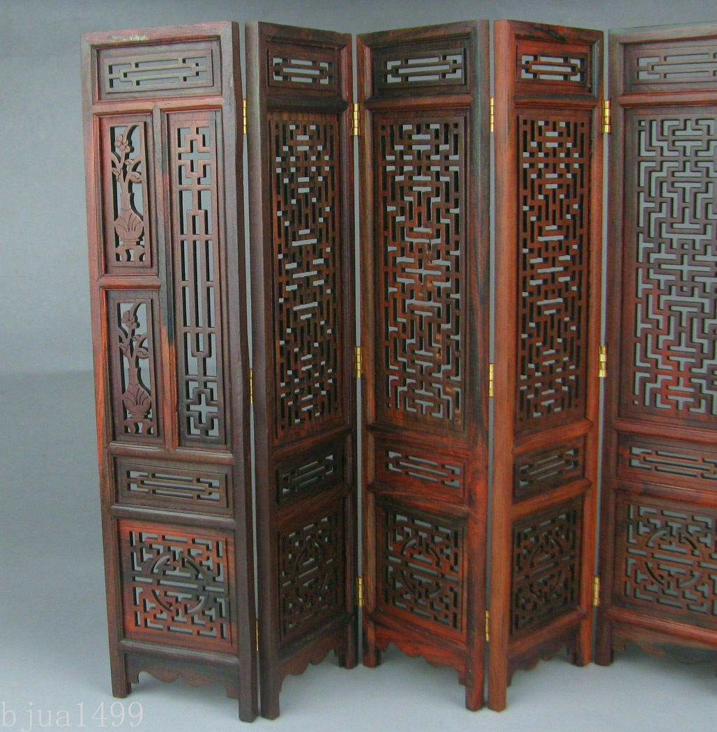9.7" Rosewood Wood Carved Flower Design Small Folding Screen HomeDesign