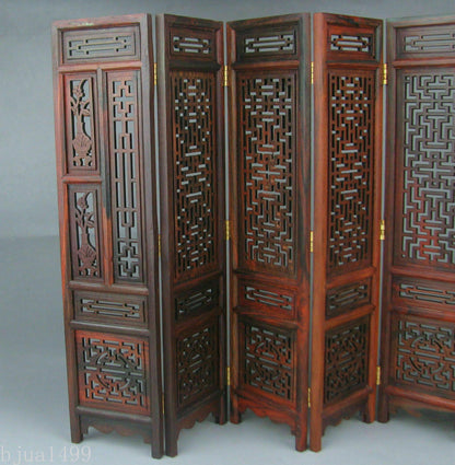 9.7" Rosewood Wood Carved Flower Design Small Folding Screen HomeDesign