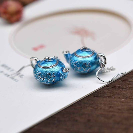 Thai Silver Ethnic Style Enamel Teapot Plum Earrings for Women Exquisite Chinese
