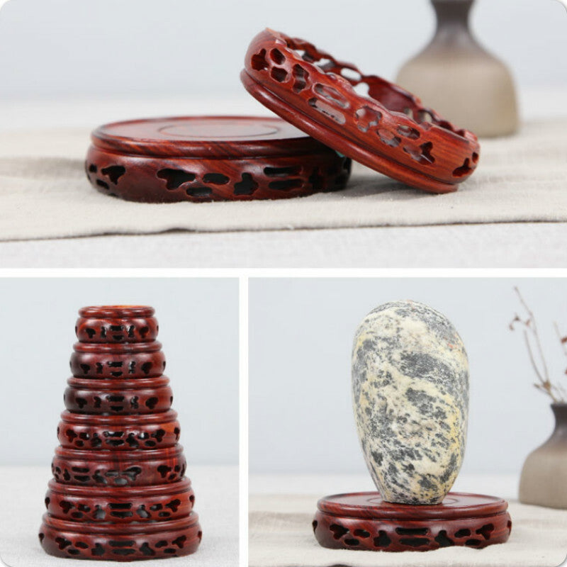 Round Annatto Display Stand Wood Carving Hollow Pedestal Flower Pot Base Crafts