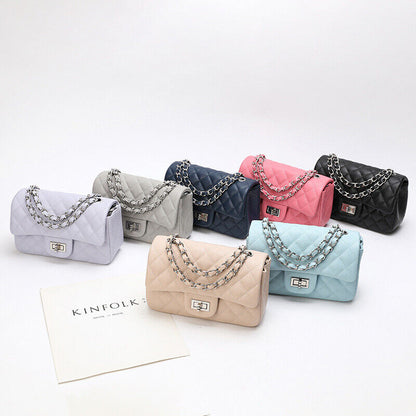 Quilted Real Leather Caviar Effect Double Flap Shoulder bag Handbag Purse Chains