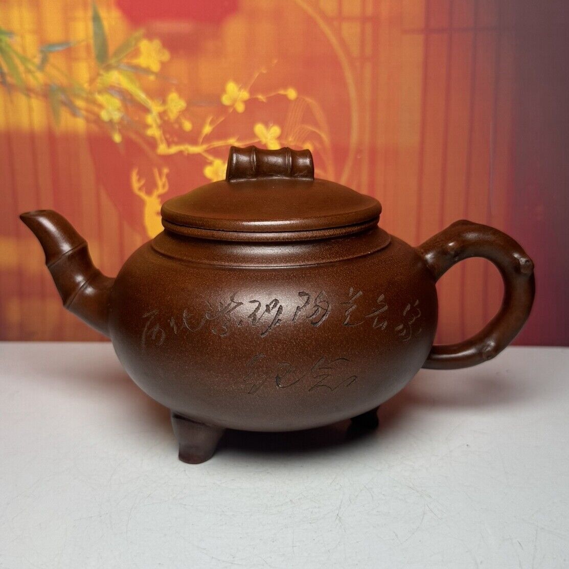 Vintage Chinese Yixing Purple Clay Teapot Zisha Ceremony Ceramic Bamboo Teaware