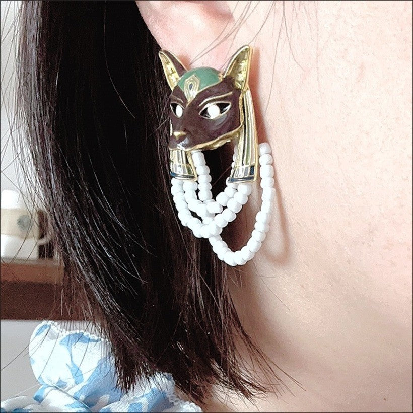 Vintage Egyptian Cat Earrings Enamel Pearl Retro Court Ear Clips