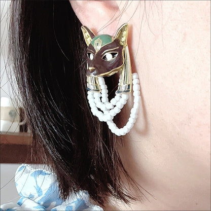 Vintage Egyptian Cat Earrings Enamel Pearl Retro Court Ear Clips
