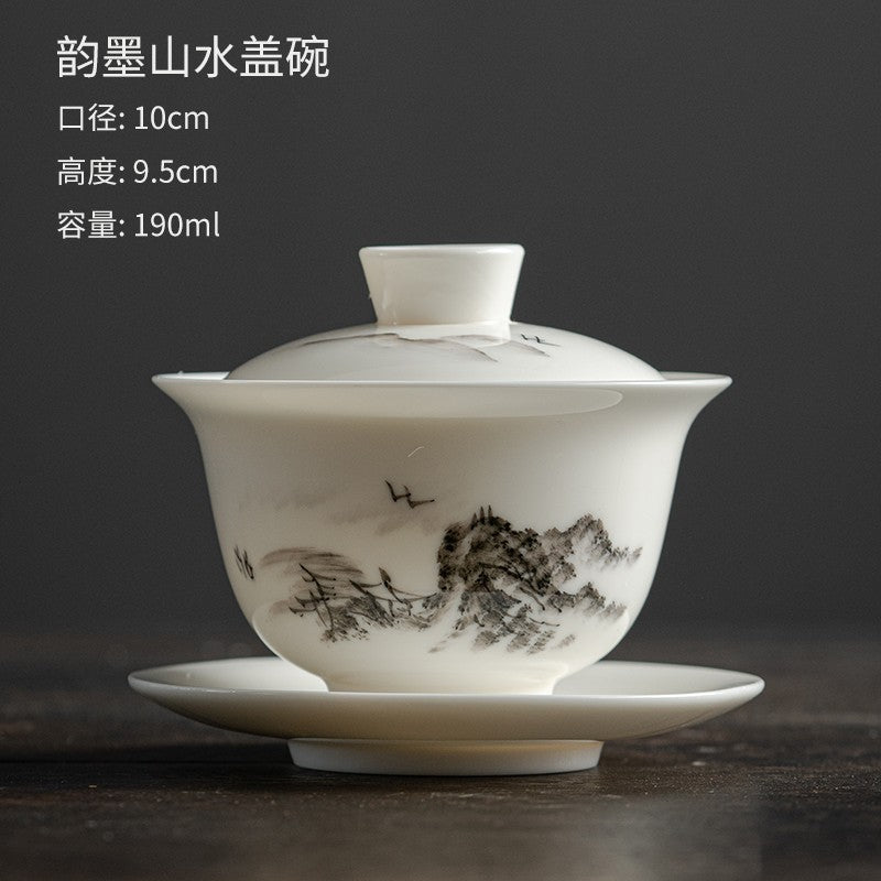 Hand Drawn Mutton-fat Jade Tea Bowl White Porcelain San Cai Gaiwan Tea Set