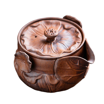 Crude Pottery Tea Pot Lotus Carved Relief Ceramic Pot With Infuser 200ml China
