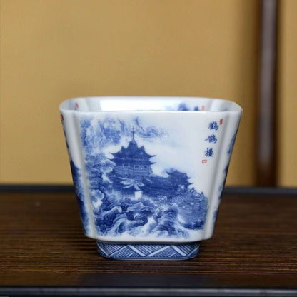 Chinese Jingdezhen Porcelain Blue and White Square Tea Cup：four Tower Decor