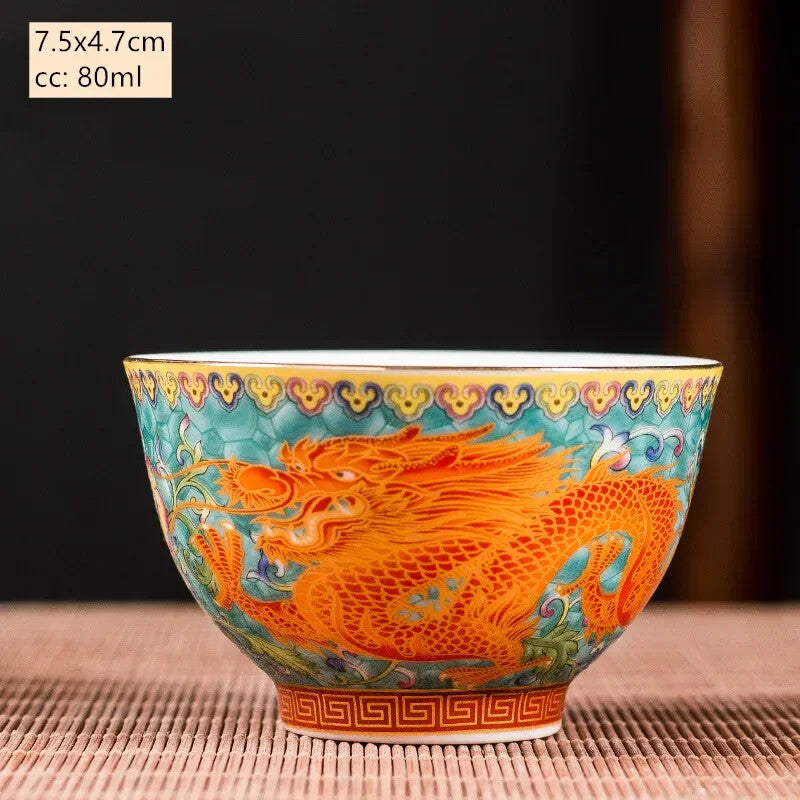 Ceramics Sancai Gaiwan Bowl Dragon and Phoenix Tea Cup Handmade Enamel Color
