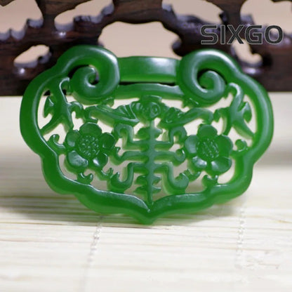 New Green Handmade Carving Longevity and Luck Lock Pendant Jade Necklace