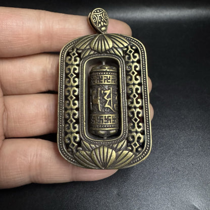 Vintage Brass Prayer Wheel Pendant Six-Word Mantra Chinese Ethnic Men's Amulet