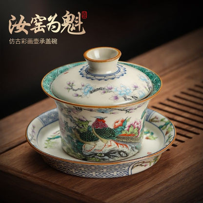 Famille Rose Bird Flower Gaiwan 7.5cm 150ml Antique Crackle Glaze Tea Bowl