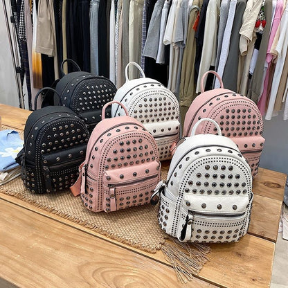 Punk Style Rivet Black Leather Backpack Zip Small/ Big Bag Women Purse Traveling