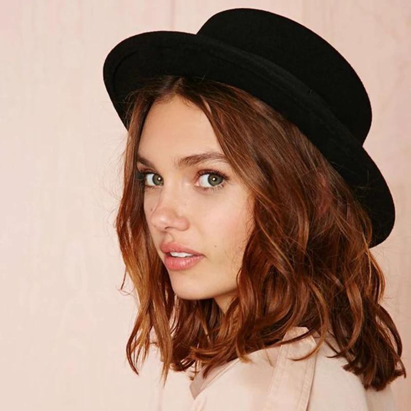 Flat Top Hat Wool Pork Pie Boater Fashion for Men Women Wide Brim Gambler Hat