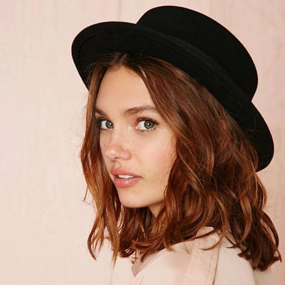Flat Top Hat Wool Pork Pie Boater Fashion for Men Women Wide Brim Gambler Hat