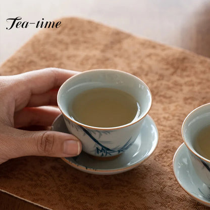 50ml Imitation Ancient Blue Ceramic Teacup Hand-painted Green Bamboo Master Cup