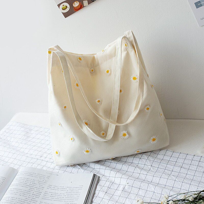 Small Canvas Bag Handbag Casual Daisy Crochet Cute Mesh Shoulder Bag Shopping