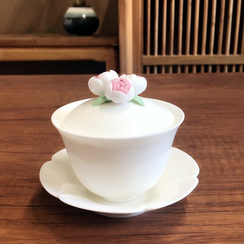 Artful Porcelain Teaset Gaiwan Matching Cup Tea Plate Tray Ceramic Floral Relief