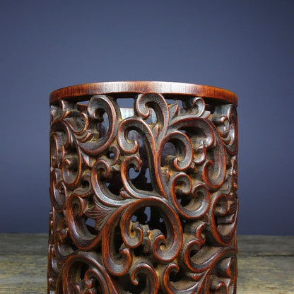 Vintage Bamboo Openwork Brush Pot 12x16cm Antique Scroll Pattern