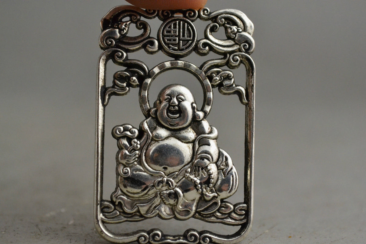 Chinese Collection Handmade Old Miao Silver Carved Maitreya Buddha Pendant -
