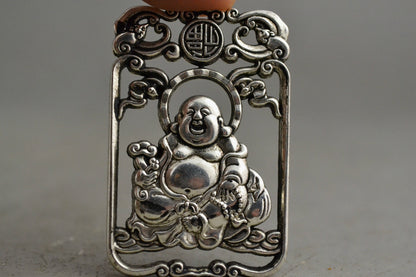 Chinese Collection Handmade Old Miao Silver Carved Maitreya Buddha Pendant -