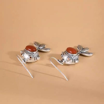 Retro Goldfish Earrings Red Garnet Inlay New Chinese Style Dangle Drops