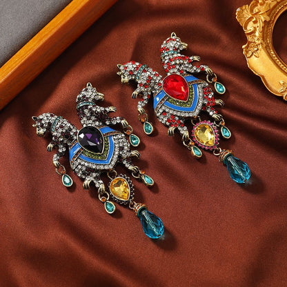 Vintage Double Leopard Brooch Set 2Pcs Crystal Tassel Suit Lapel Pin