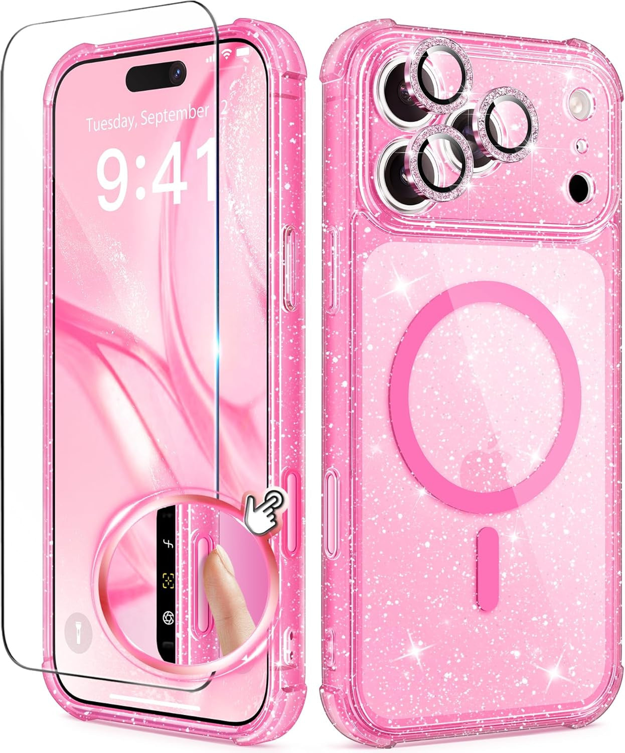 for Iphone 17 Pro Case for Women, Compatible with Magsafe, Clear Glitter Shockpr