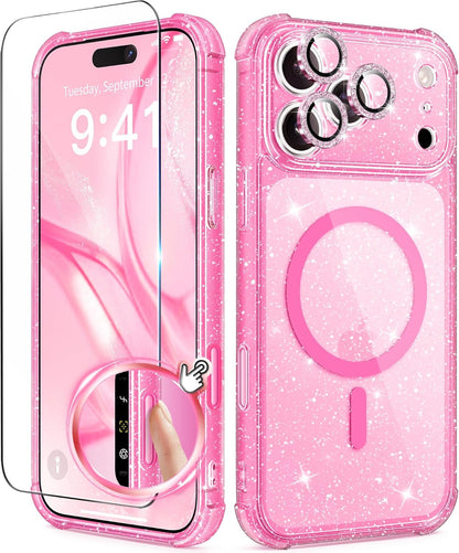 for Iphone 17 Pro Case for Women, Compatible with Magsafe, Clear Glitter Shockpr