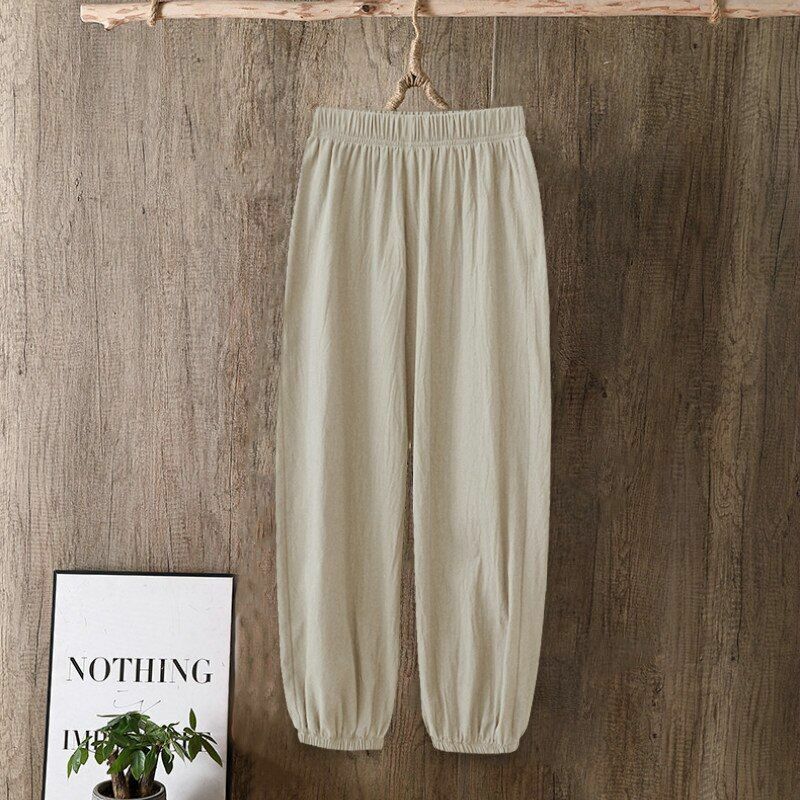 Pants Women Casual Cotton Linen Elastic Waist Solid Basic Retro Loose Trousers