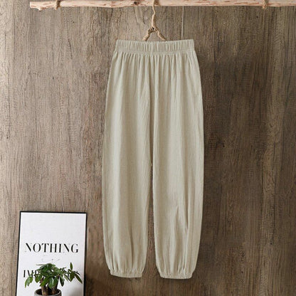 Pants Women Casual Cotton Linen Elastic Waist Solid Basic Retro Loose Trousers