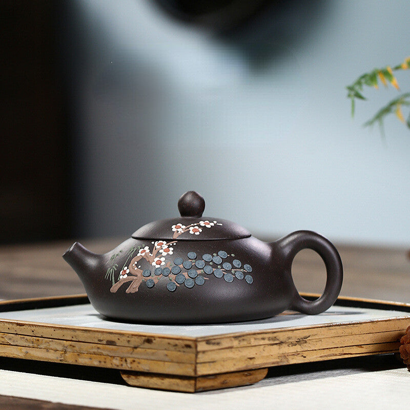 5.4" Yixing Zisha Pottery Black Gold Sand 180ML Pine Tree Plum Blossom Teapot