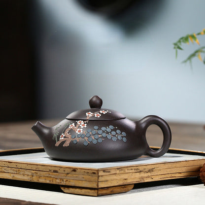 5.4" Yixing Zisha Pottery Black Gold Sand 180ML Pine Tree Plum Blossom Teapot