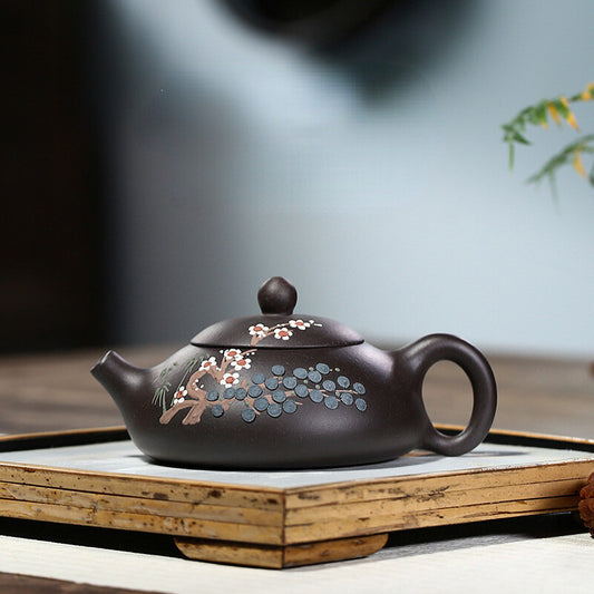 5.4" Yixing Zisha Pottery Black Gold Sand 180ML Pine Tree Plum Blossom Teapot