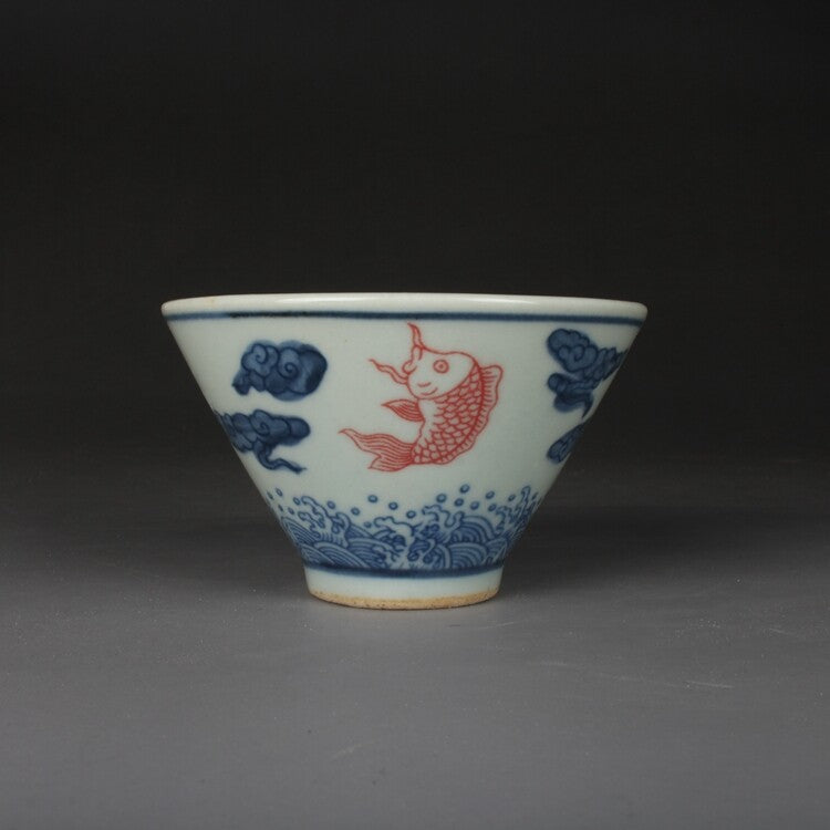 3.1" Chinese Qing Blue White Porcelain Folk Kiln Red Glaze Fish Douli Cup Decor