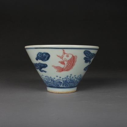 3.1" Chinese Qing Blue White Porcelain Folk Kiln Red Glaze Fish Douli Cup Decor
