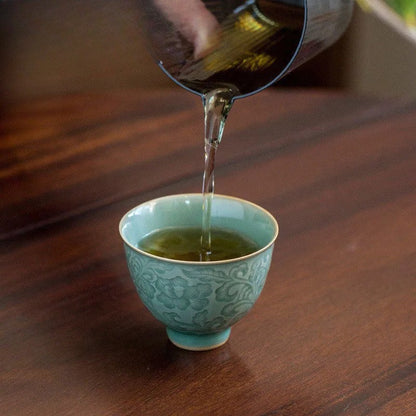 Celadon Relief Lotus Teacup Ancient Tea Bowl Jug Tea-tasting Meditation Cup