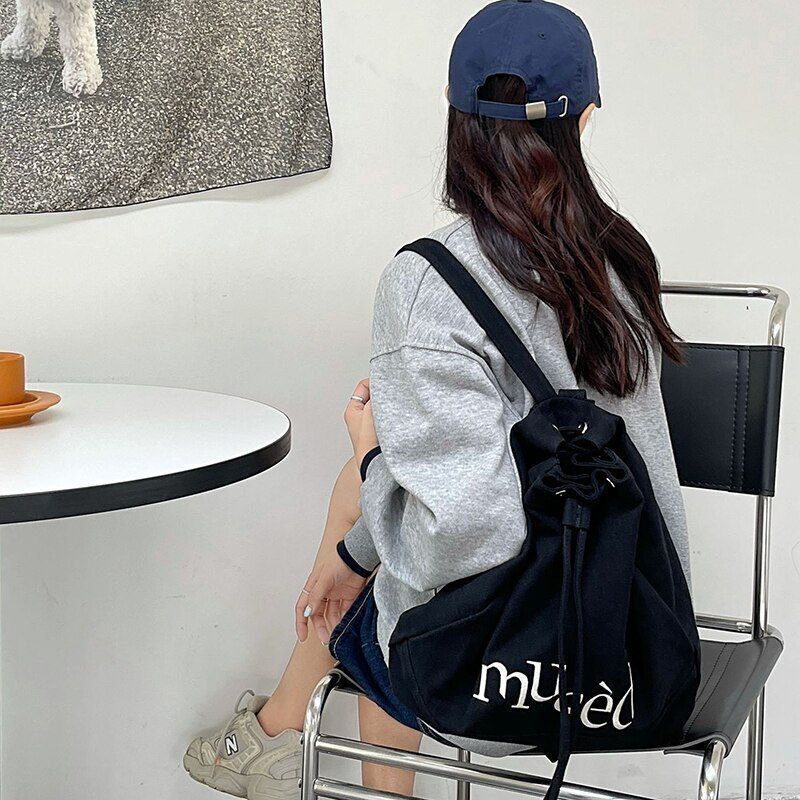 Embroidered Backpacks Canvas Drawstring School Bags Large Capacity Green/Brown
