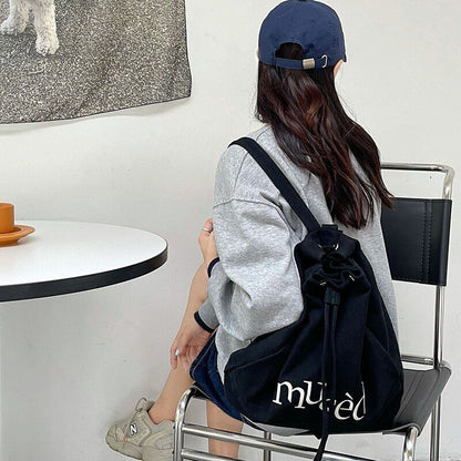 Embroidered Backpacks Canvas Drawstring School Bags Large Capacity Green/Brown