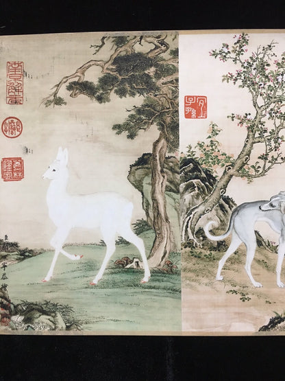 Antique boutique scroll painting, a ten dog painting by Lang Shining