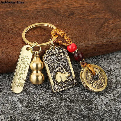 Chinese Style Zodiac Brass Gourd Five Emperors Money Keychain Metal Fengshui