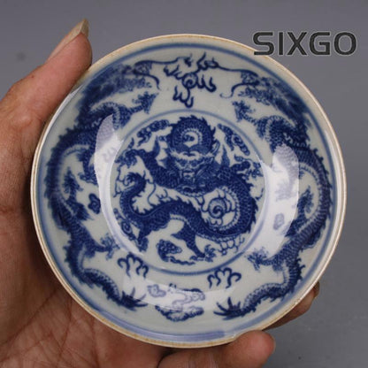 Chinese Blue and White Porcelain Qing Tongzhi Dragon Design Plate 3.94 inch
