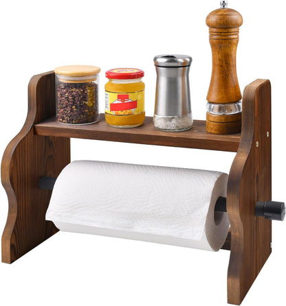 Wooden Paper Towel Holder with Shelf Farmhouse Rustic Wall-Mounted Rack for Home
