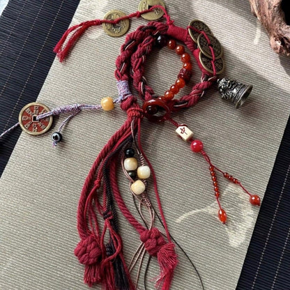 Chinese Feng Shui Shangui Coin Bracelet Tibetan Bell Tassel Lucky Rope