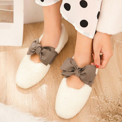 Women Lamb Fur Fluffy Bow Knot Ballerinas Ballet Flat Shoes Casual Comfort Shoes